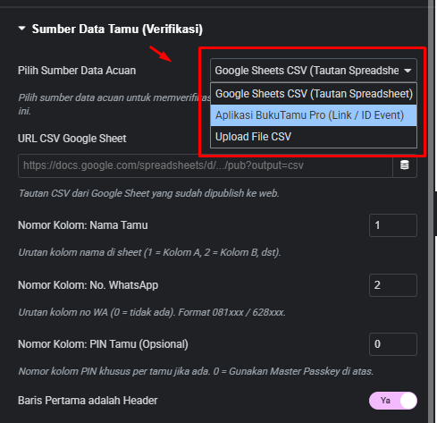 Pilihan Sumber Data Acuan Tamu pada Widget Access Gate WeddingPress