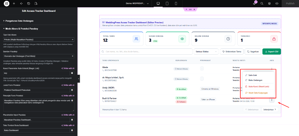 Pengaturan Elementor dan Live Editor Preview Access Tracker Dashboard