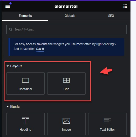 Tampilan Mode Modern Elementor - Kategori Layout berisi Container & Grid