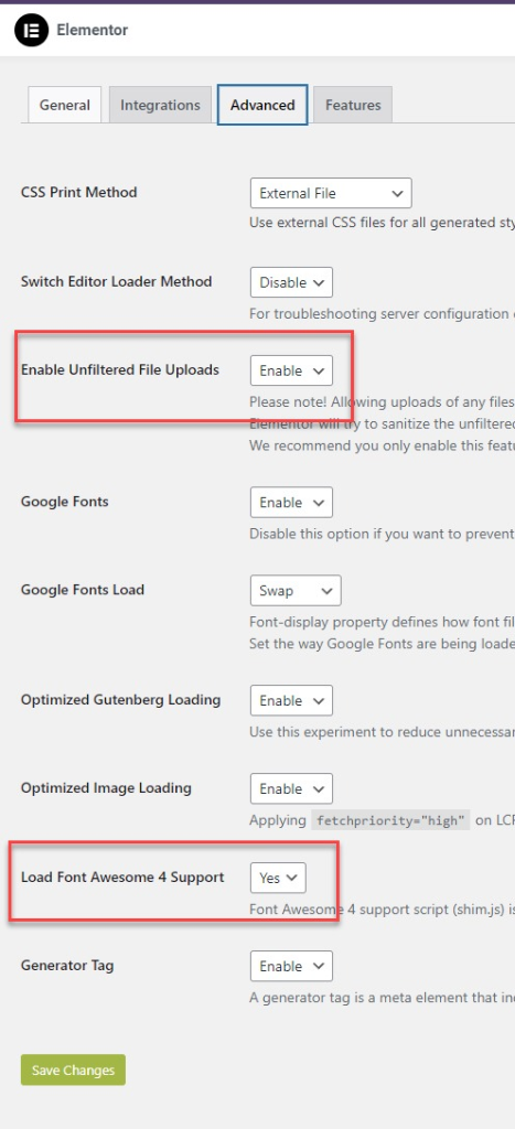 Tampilan Pengaturan Elementor Tab Advanced - Unfiltered Uploads & Font Awesome 4