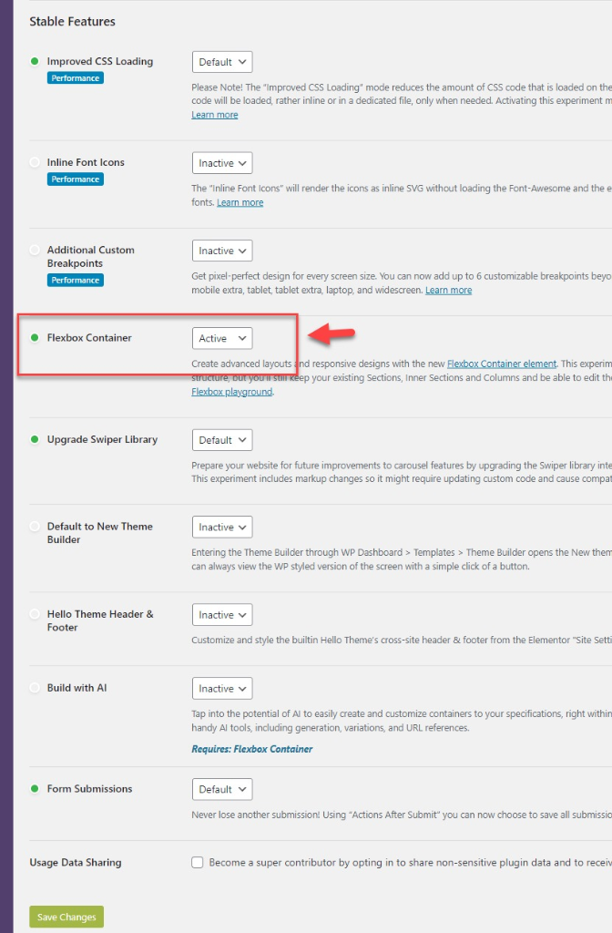 Tampilan Opsi Flexbox Container Active pada Stable Features Elementor