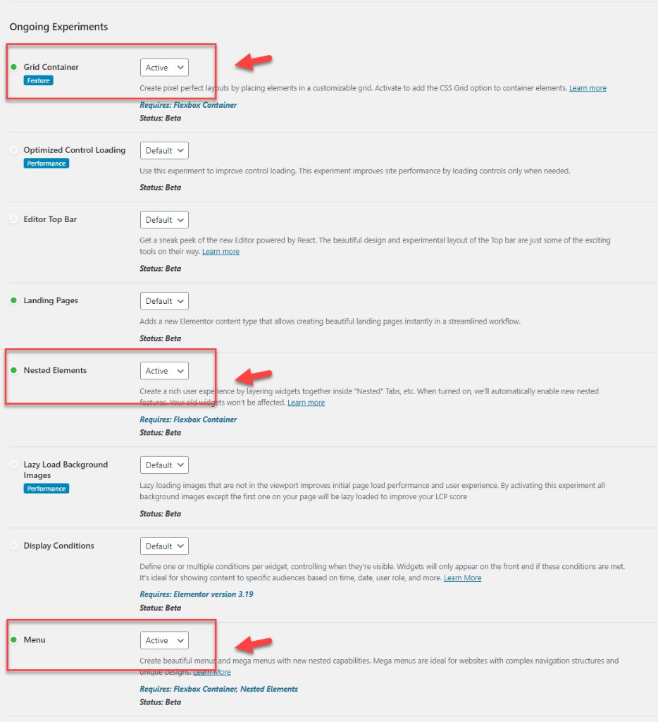 Tampilan Pengaktifan Grid Container, Nested Elements, dan Menu di Elementor