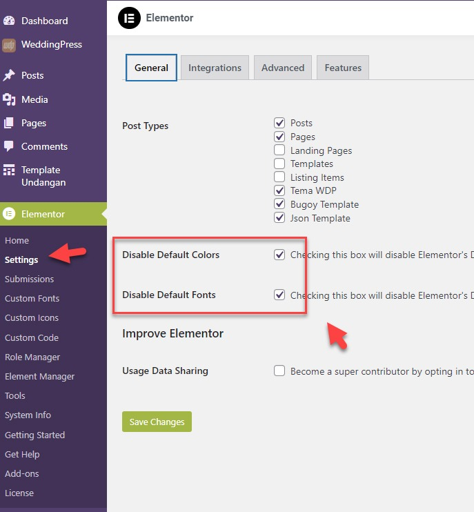 Tampilan Pengaturan Elementor Tab General - Disable Default Colors & Fonts