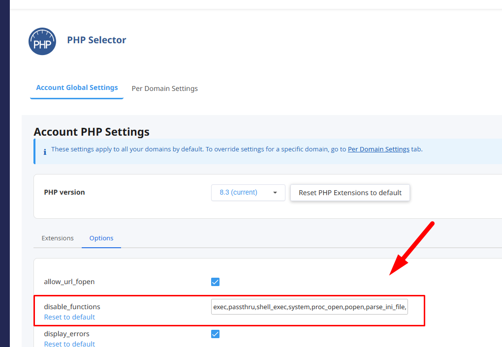 Menu PHP Selector Account Settings Tab Options Kolom disable_functions di cPanel