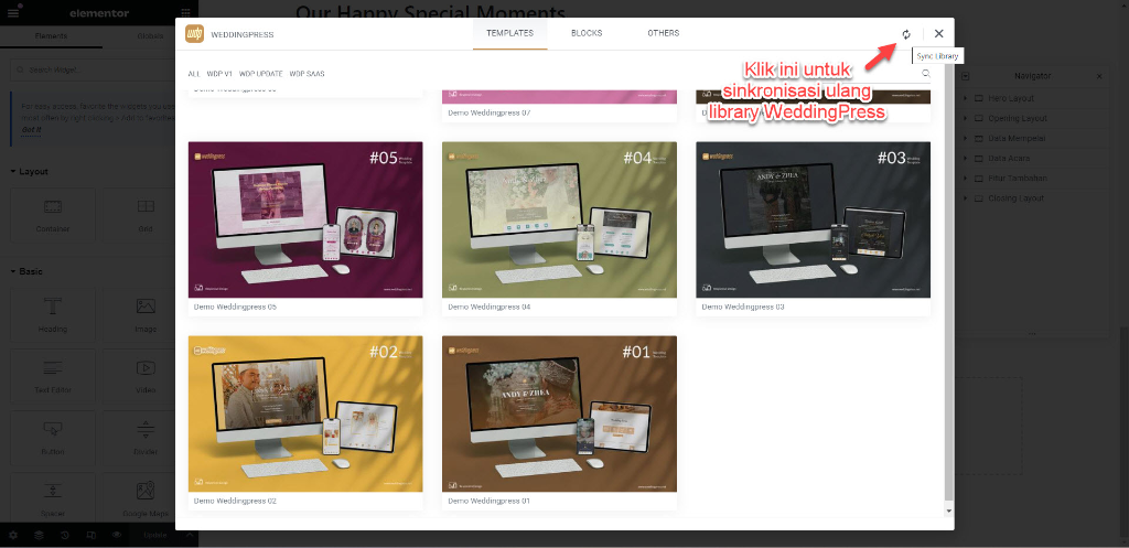 Tombol Sync Library pada Pop-up Modal WeddingPress