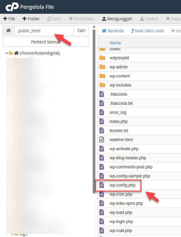 Petunjuk Lokasi File wp-config.php di dalam Folder public_html cPanel File Manager